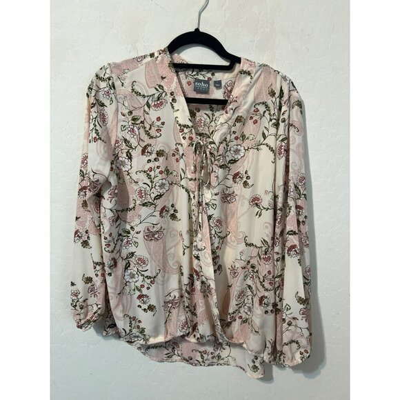 Soho New York & Co Jeans Sz L Floral Print Blouse Tie Front Crossover Hem - Picture 2 of 10